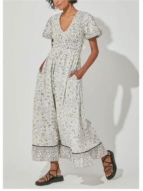 Cleobella Harmoni Paisley Maxi Dress White Black Cotton Smocked M